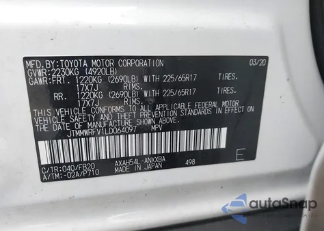 2020 Toyota Rav4 Le из США, поврежденный, VIN JTMMWRFV1LD064097